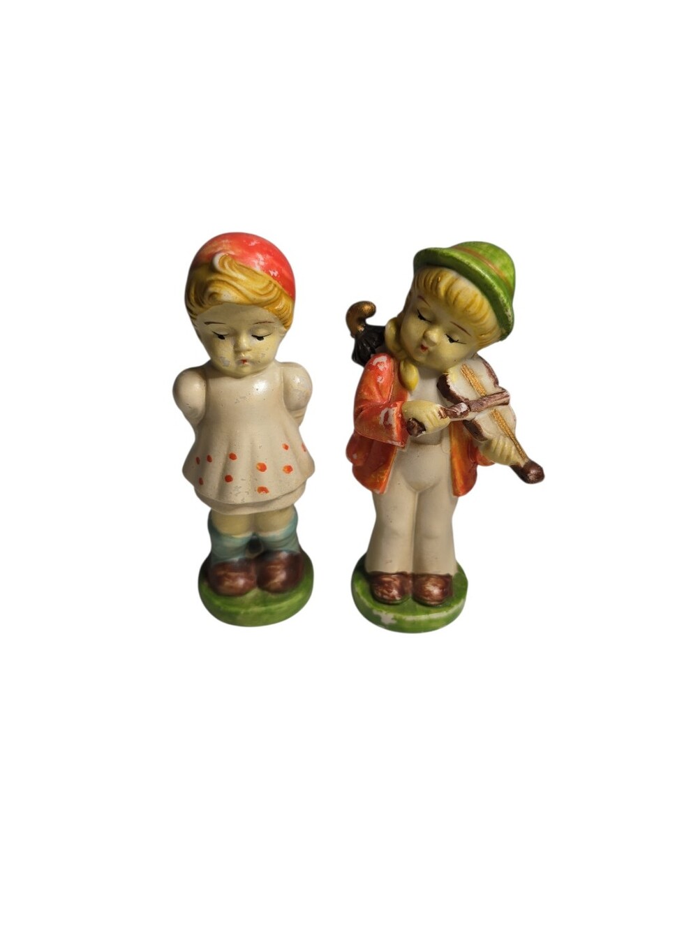 2 Vintage Occupied Japan Figurines Boy Playing Violin Girl with Flowers READ
